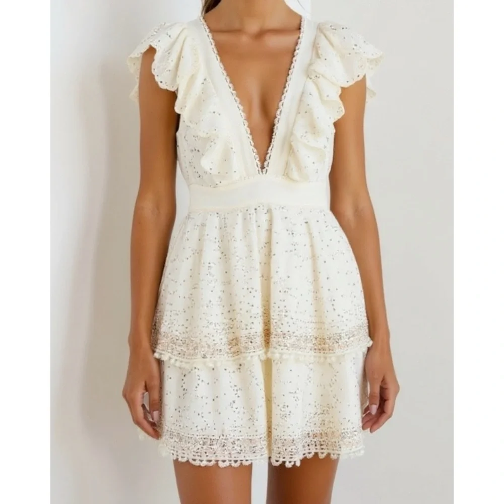 FARM RIO Eyelet Beaded Mini Dress, Off White, XS - Picture 3 of 15